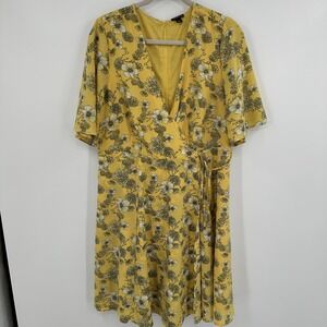 Torrid Dress Womens 14 Yellow Floral Wrap Midi V Neck Short Sleeve‎ Summer Boho